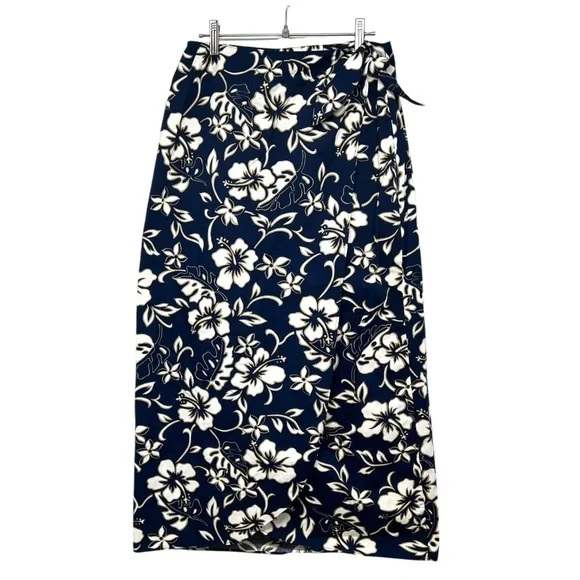 Hilo Hattie Vintage Hibiscus Tropical Cotton Navy Blue Wrap Skirt Women’s Medium - Picture 3 of 6